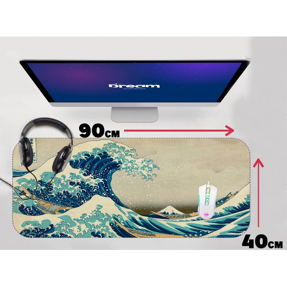 Mouse Pad The Great Waves of Kanagawa Japão Ondas onda Extra Grande 90x40 Personalizado borda costurada mousepad
