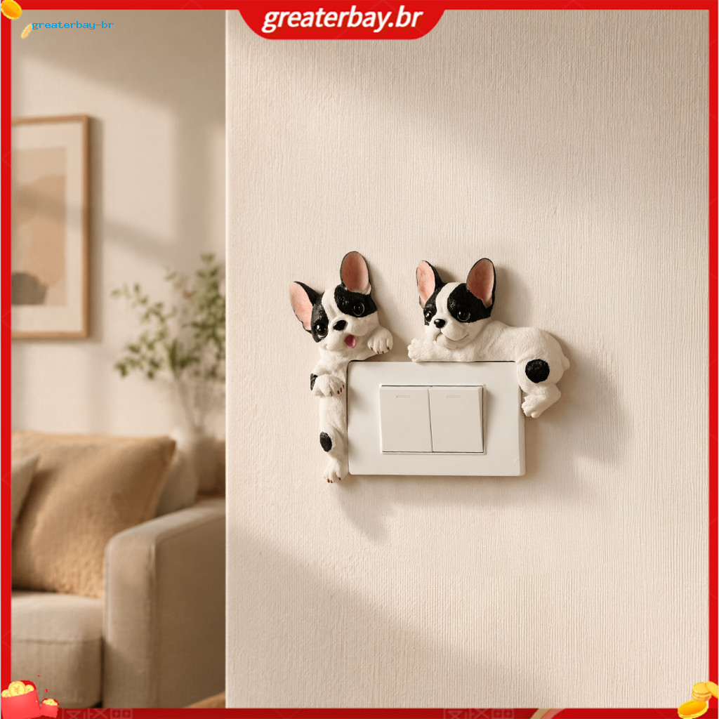 3d Bulldog Resin Light Switch Cover Cute Cartoon Dog Wall Socket Decor Self-adhesive Plate Sticker for Home Bedroom Easy