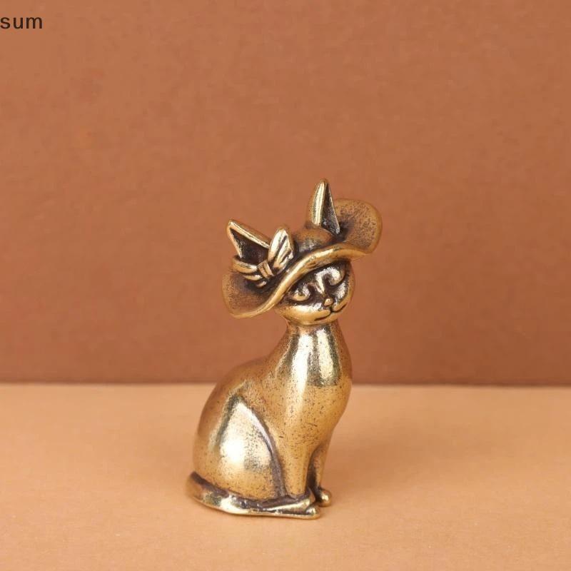[sum] Estatueta De Gato Fofo De Latão Sólido Elegante Arco Chapéu Design Mini Ornamento Artesanal Para Casa Desktop Deco