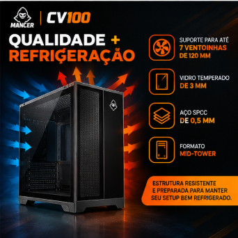 Gabinete Gamer Mancer CV100 - Design Moderno, Ventilação Eficiente, Suporte para Micro-ATX e Mini-ITX