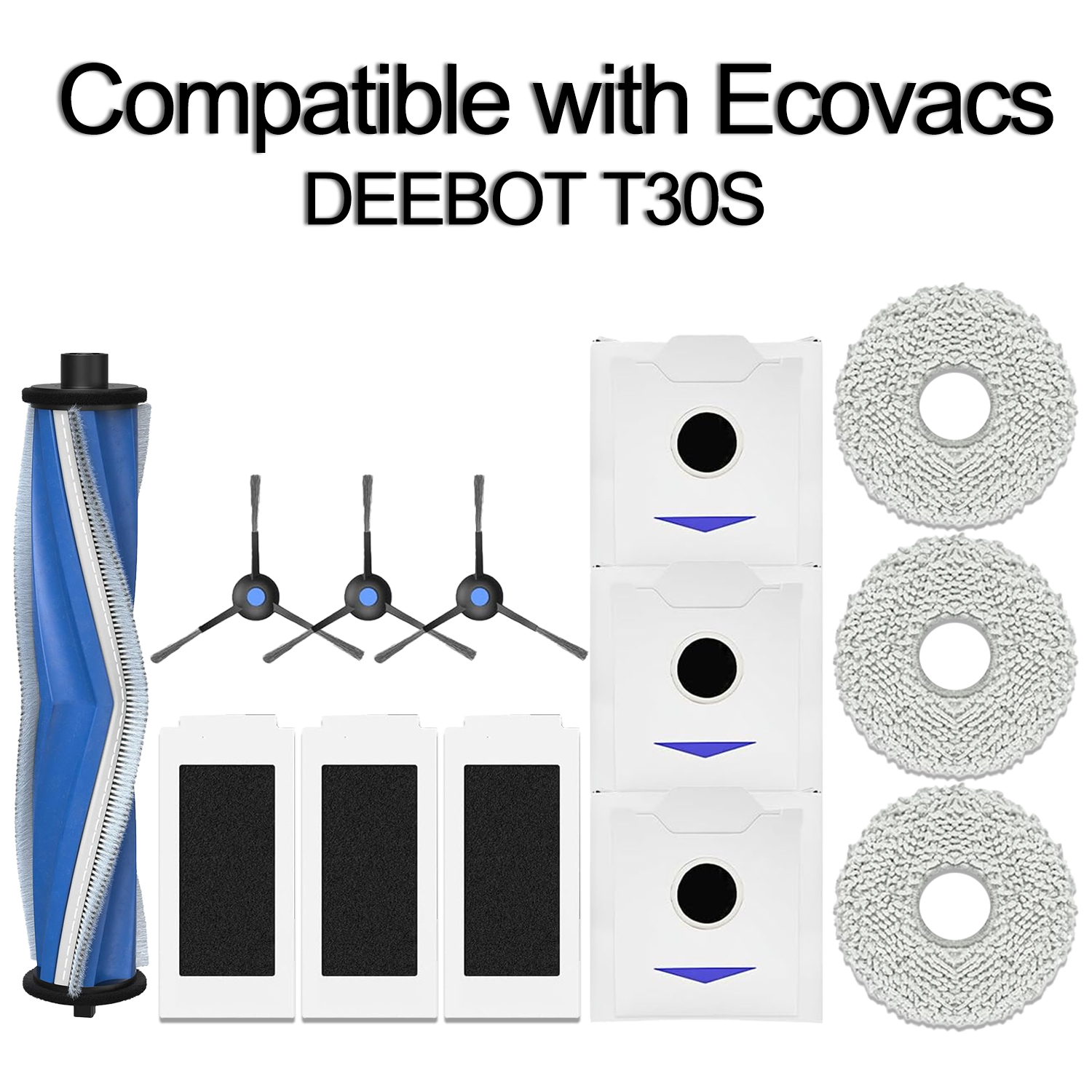 Acessórios de reposição compatíveis com o ECOVACS DEEBOT T30S: escova principal, escovas laterais, saco de pó, filtro