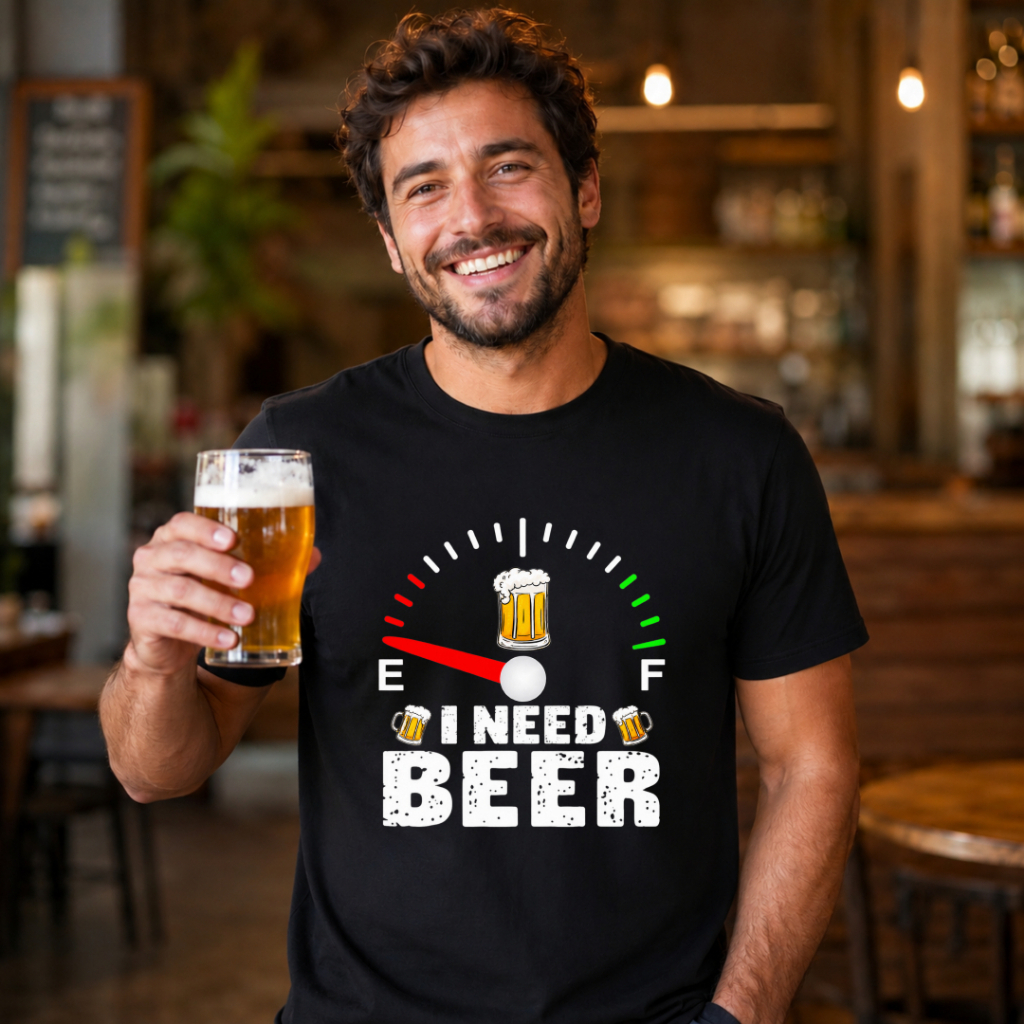 I need a short-sleeve T-shirt with a beer design, made of 100% cotton, unisex, and in a trendy, fashionable street style