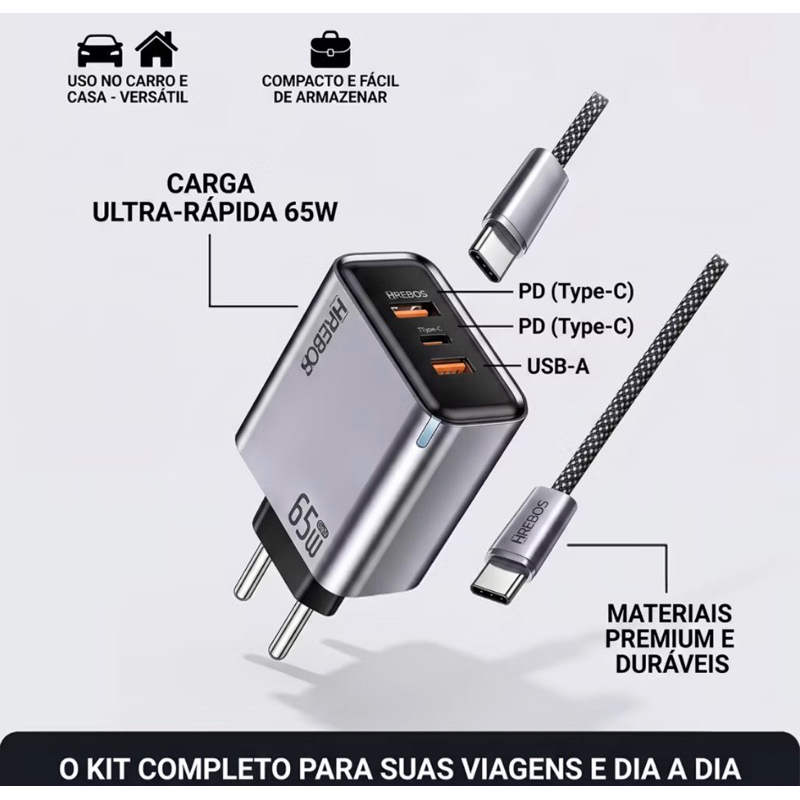 Carregador Turbo 65W de Potência 2 portas USB-C 1 Ports USB-A Compatível com Celulares Tablets e Notebooks