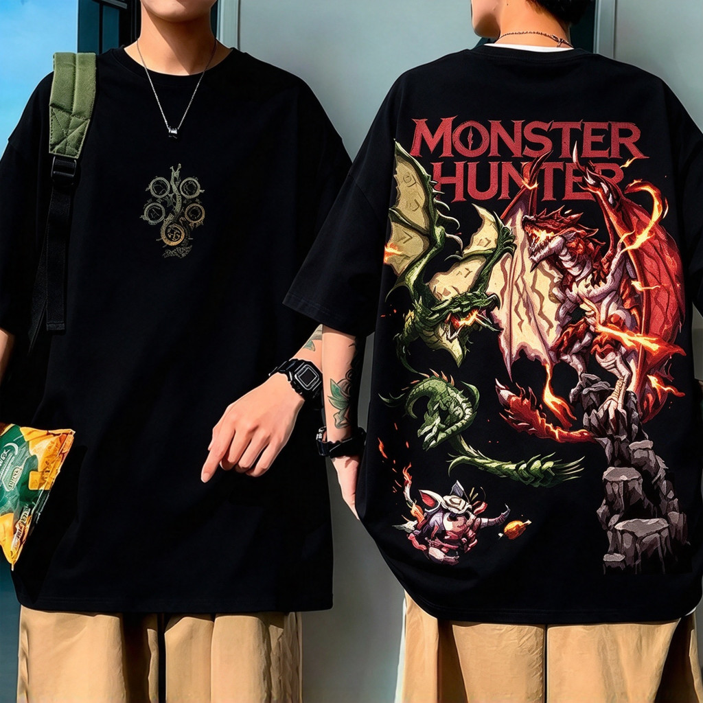 Camiseta Unisex de Alta Qualidade, Design com Estampas Temáticas de Monstros de Monster Hunter, Texto Vermelho 