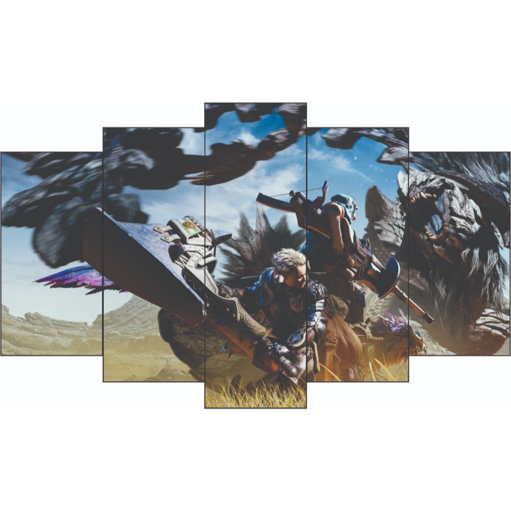 MONSTER HUNTER WILDS - Quadro decorativo mdf - 80x45 cm  Mosaico - 5 partes - Game - Decoração