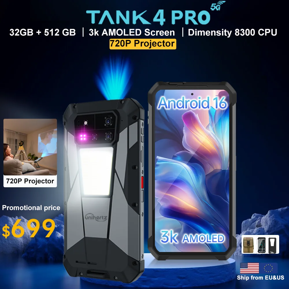 【World premiere】Unihertz by 8849 Tank 4 Pro Smartphone 5G with 720P Projector Dimensity 8300 36GB+1TB Cellphone 3k AMOLED