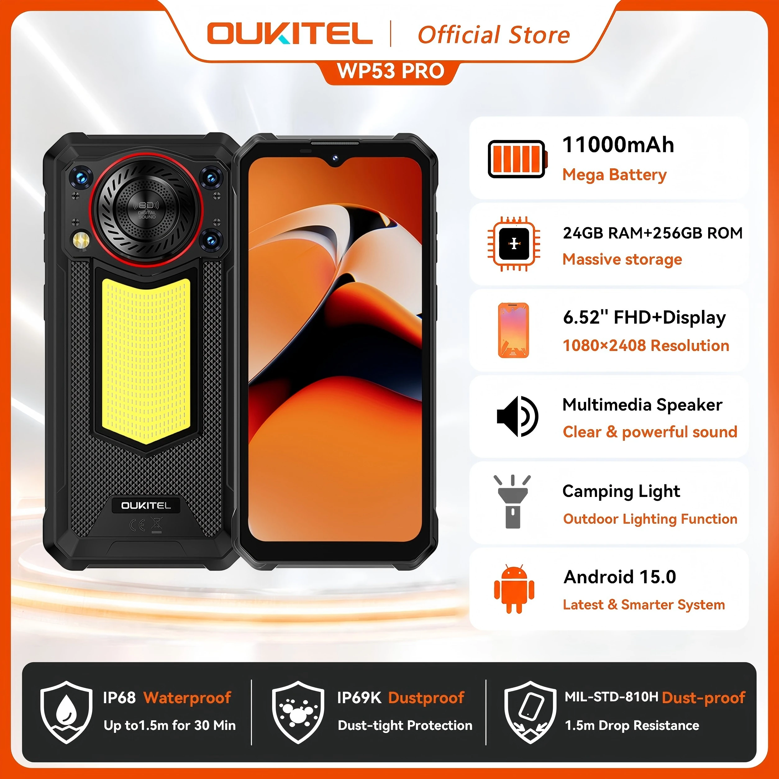 OUKITEL WP53 PRO 11000mAh Battery Rugged Smartphone, 24GB+256GB Cell Phone, Android 15 NFC 50MP Main Camera Mobile Phone