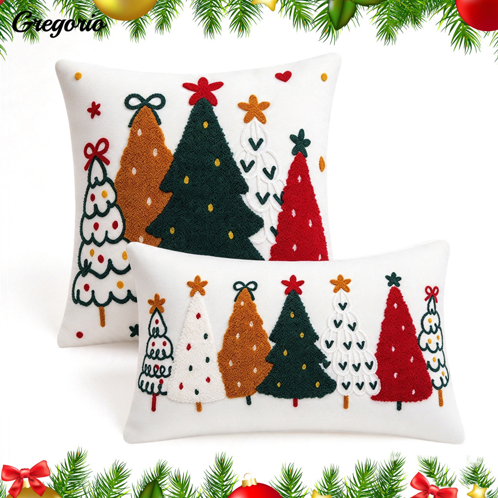 Decorative Throw Pillow Covers Christmas Cushion Case Colorful Tree Pillowcase with Zipper – Festive Cover for Sofa Be