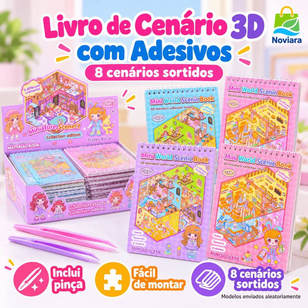 8 Different Scenes Diy 3D Sticker Book 16 Pages with Anti Stress Tweezers Dynamic Decoration Relaxing Educational