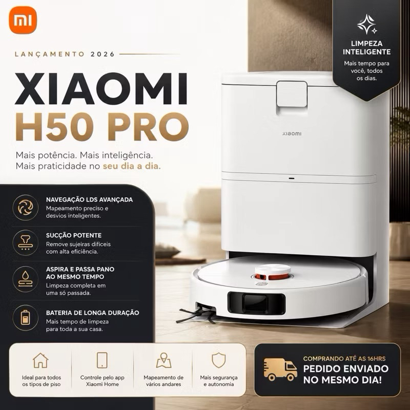 Robô de Limpeza Xiaomi Robot Vacuum H50 PRO Base de Auto Limpeza Original Lacrado 110V