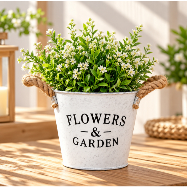 Vaso Cachepot Decorativo de Metal Branco com Alças de Corda Flowers & Garden para Plantas e Flores