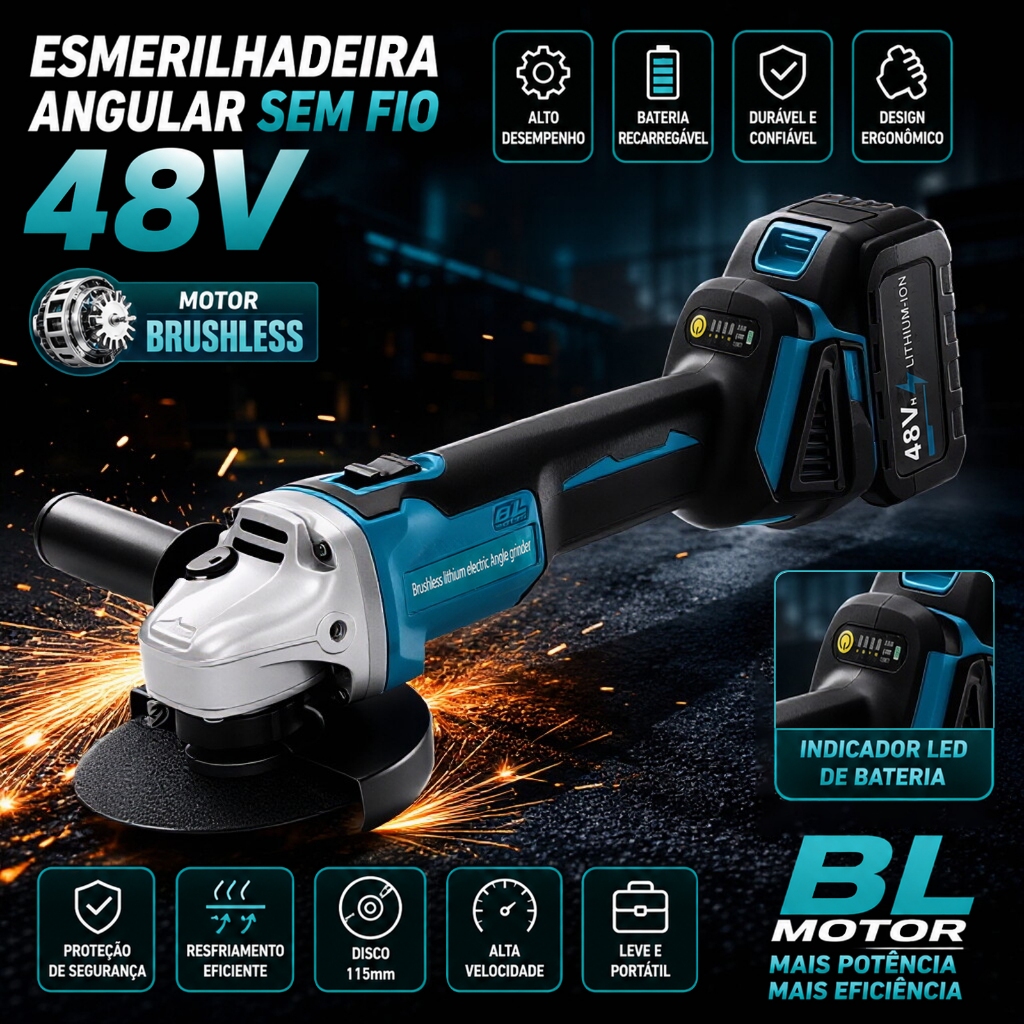 Esmerilhadeira Angular Brushless Sem Fio 48V Litio Kit 2 Baterias LED de Carga