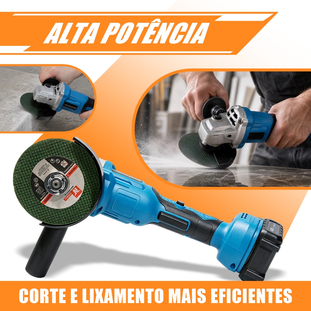 Esmerilhadeira profissional sem escovas 48V, conjunto com 2 baterias, controle de 3 velocidades e display de carga LED