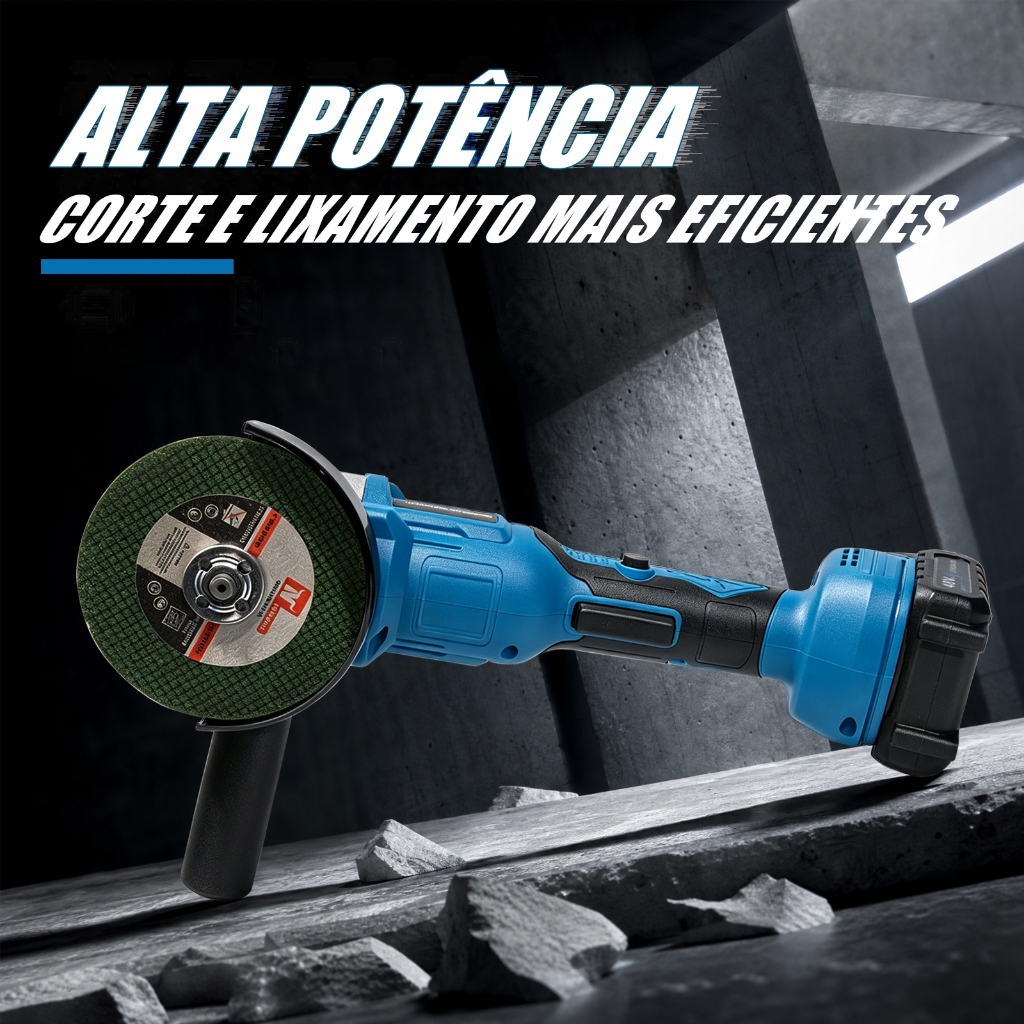 Esmerilhadeira Angular 100mm Sem Fio Motor Sem Escova 48V, Kit Completo 2 Baterias, Carregador Bivolt e Indicador LED