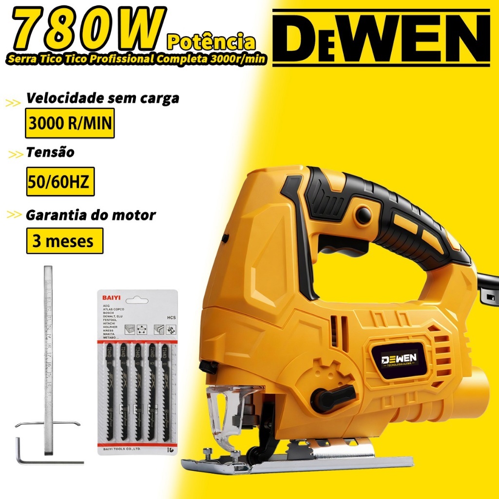 Serra Tico-Tico 780W 3000RPM Profissional, 5 Veloc., 4 Órbitas, ±45°, Bivolt 110V/220V, LED, p/ Metal, PVC e Madeira