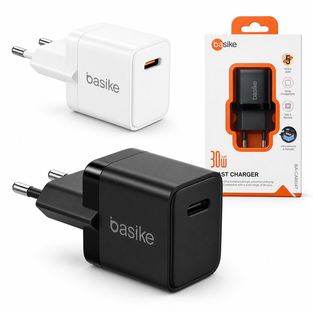 Fonte Carregador Rápido Basike 30W com Porta USB Tipo-C PD Modelo BA-CAR047 - Cor Preto