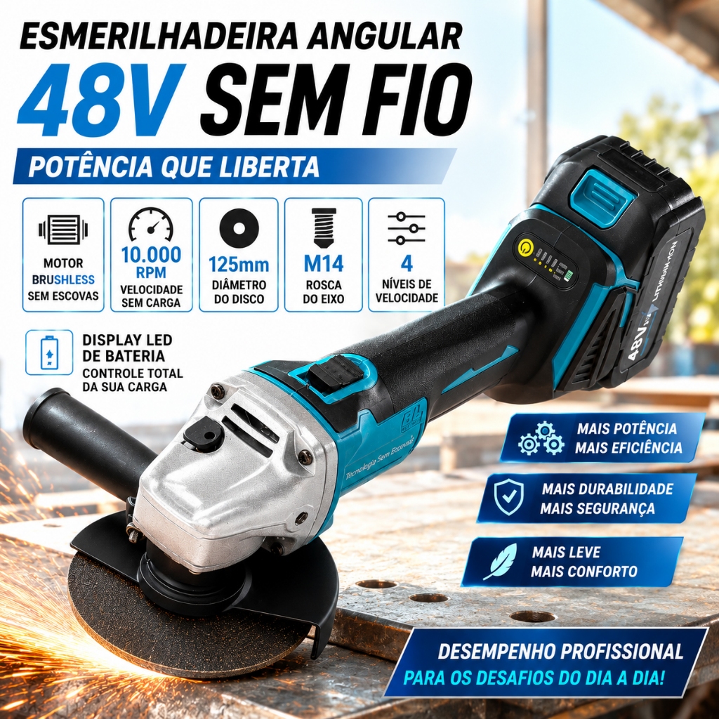Esmerilhadeira com motor sem escova 48V duas baterias uso industrial e doméstico
