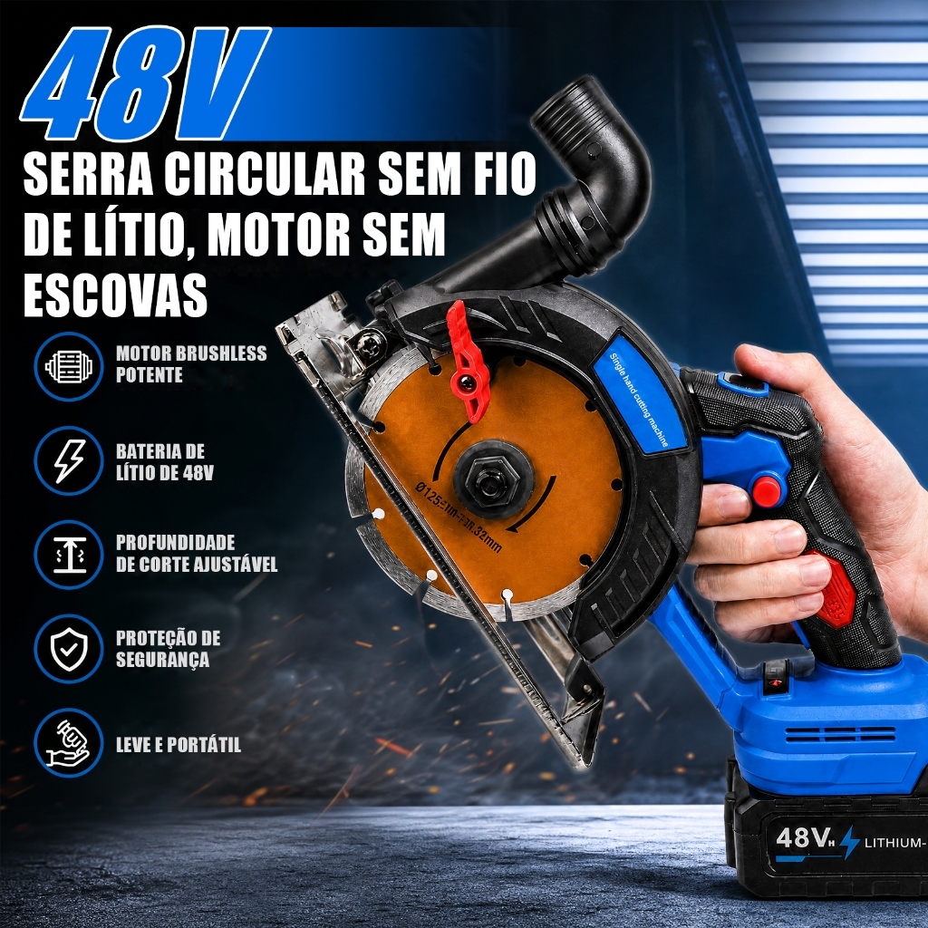 Serra Circular a Bateria Industrial 48V Motor Brushless com 2 Baterias e Discos para Cortes de Diversos Materiais