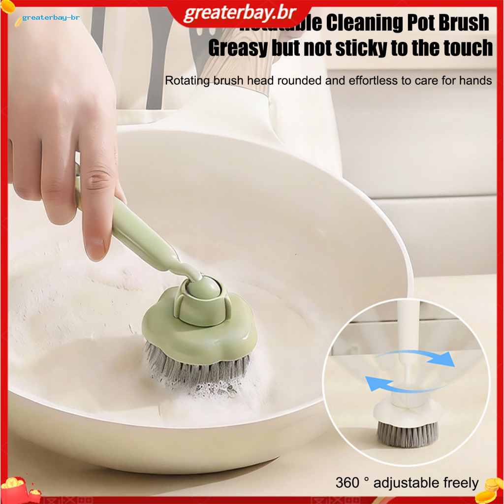 Long Handle Kitchen Brush with 360° Rotatable Head Oil-proof Pot Scrubber High-density Pet Bristles for Strong Stain Re