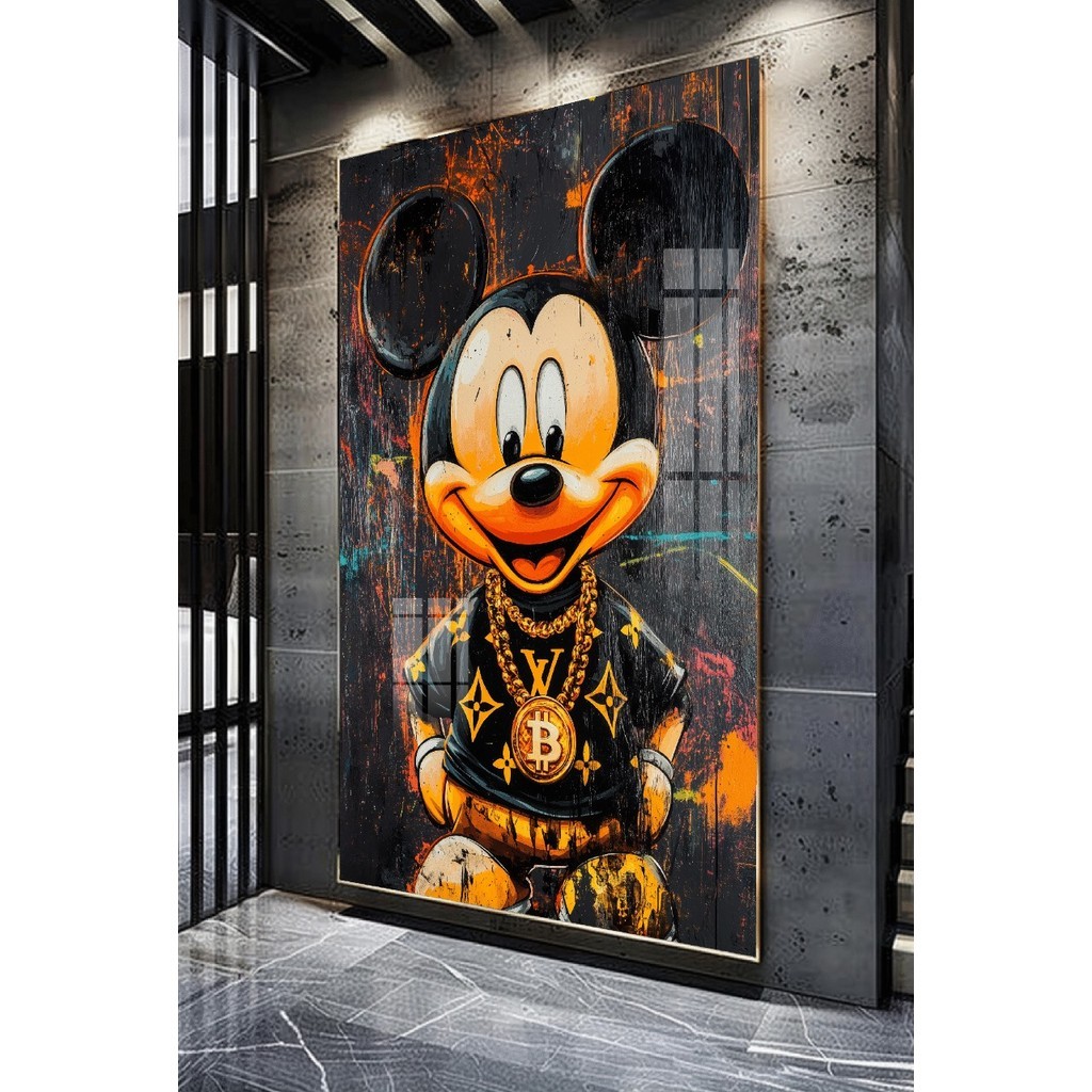 Quadro Art Urbana Mickey Mouse Correntes Ouro Cores Vibrantes Design Estilo Moderno