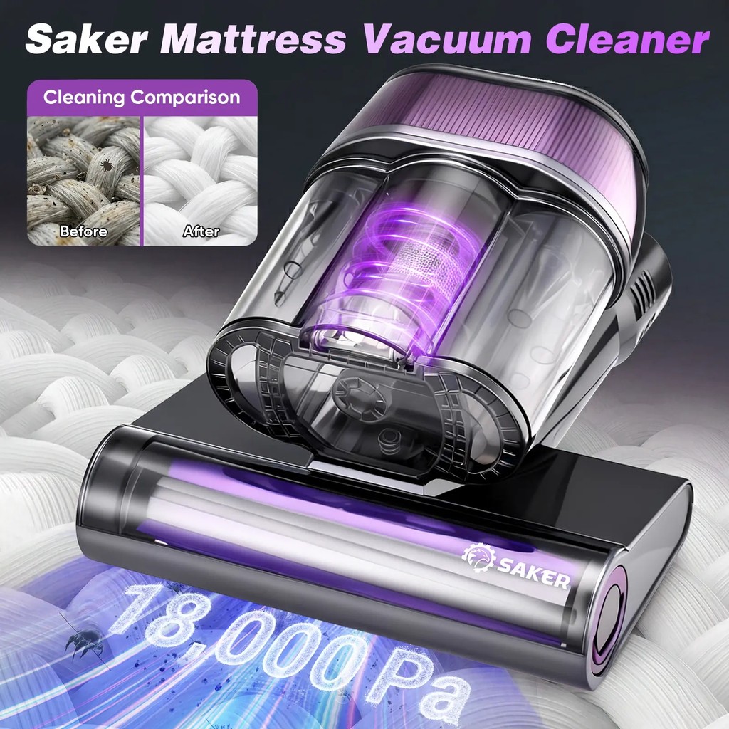 Aspirador de Colchões Saker, Aspirador de Cama 18KPa com Luz UV-C e 140 ° F Heat, Limpador de Pó Profundo Portátil para