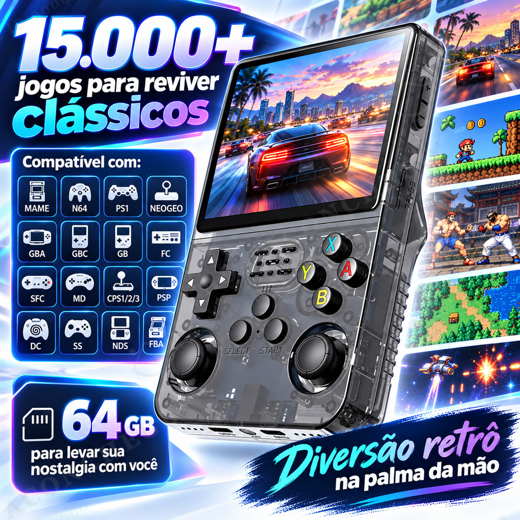 Console Portátil R36S 64GB 15000 Jogos Retrô 3.5