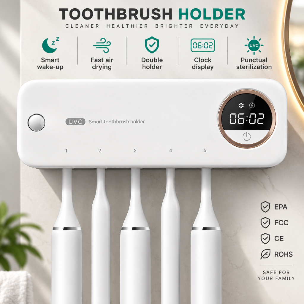 Desinfetante Automático Para Escova De Dentes UV 8x/Dia Tipo-C 3500mAh Esterilizador Suporte Montado Na Parede UVC + UVA
