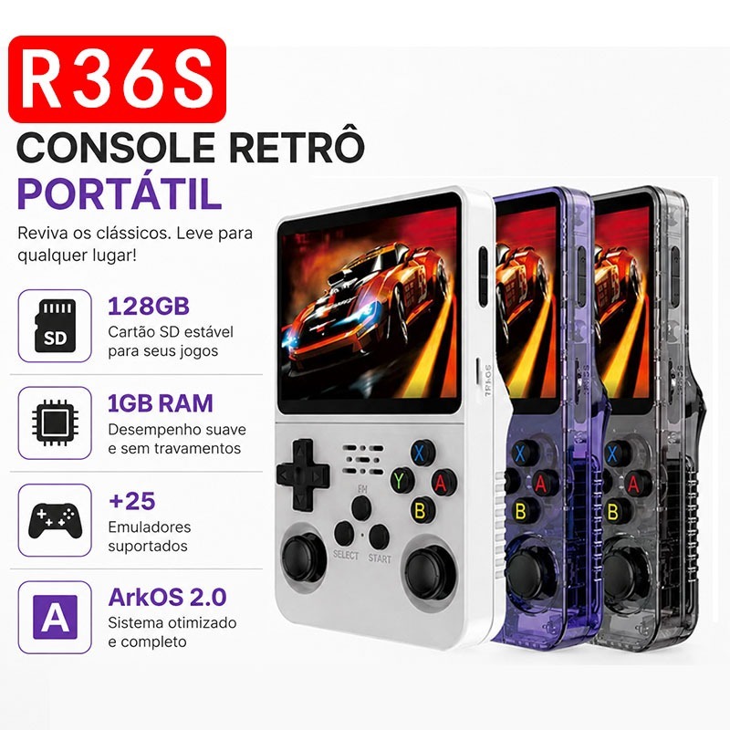 【128GB】R36S Console de Jogos Portátil Retrô，1GB de RAM ,3500mAh，Miniconsole de videogame，r36s game portátil arkos 2.0
