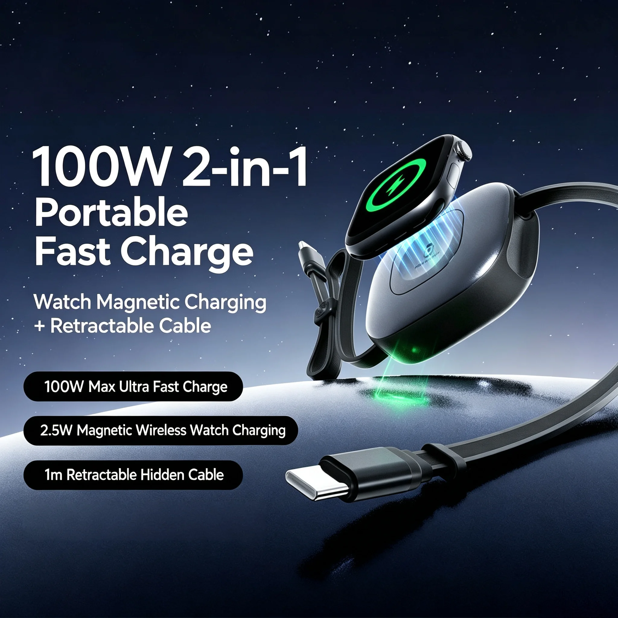 100W Retractable PD QC Fast Charging Cable Built-in E-Watch Wireless Charging USB-C Type-C Data Cable For iPhone Samsung