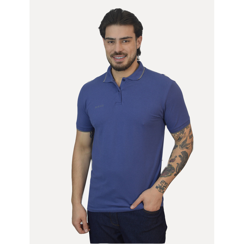 Polo Guess Masculina Piquet Silk Linear Light Friso Azul Escuro