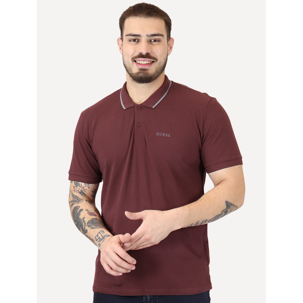 Polo Guess Masculina Piquet Silk Linear Light Friso Original Bordô