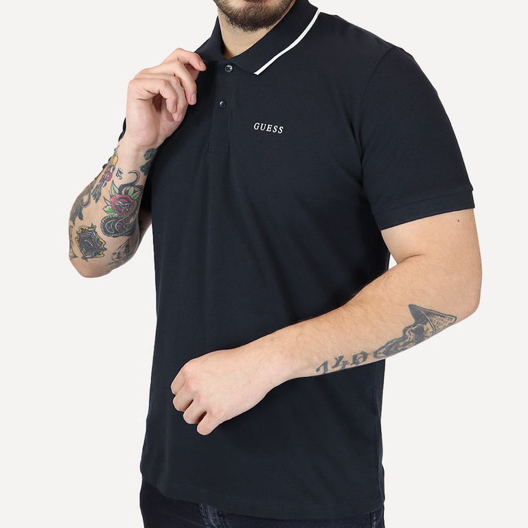 Polo Guess Masculina Piquet Silk Linear Light Friso Original Azul Marinho