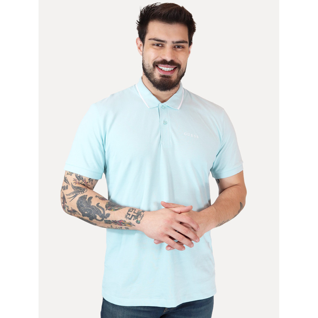 Polo Guess Masculina Piquet Silk Linear Light Friso Original Azul Claro