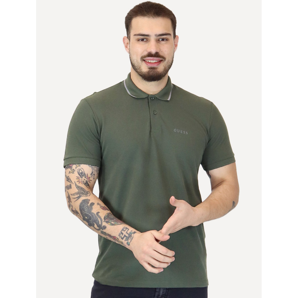 Polo Guess Masculina Piquet Silk Linear Light Friso Original Verde Militar