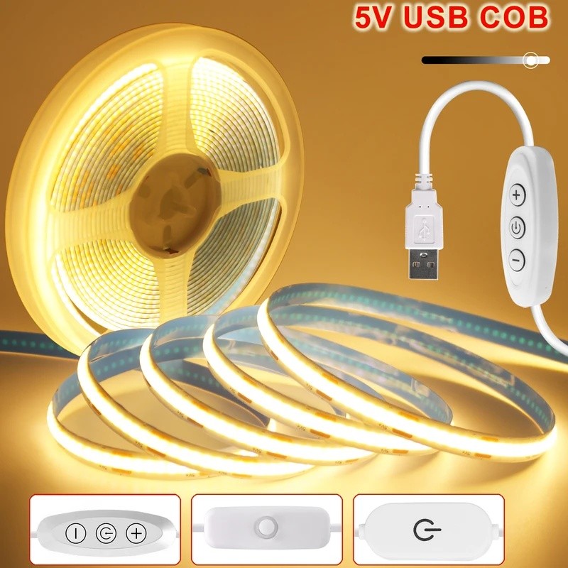 Fita LED COB Regulável 5V USB Flexível Com Interruptor ON OFF 320LEDs Iluminação Linear De Alta Densidade Adesiva