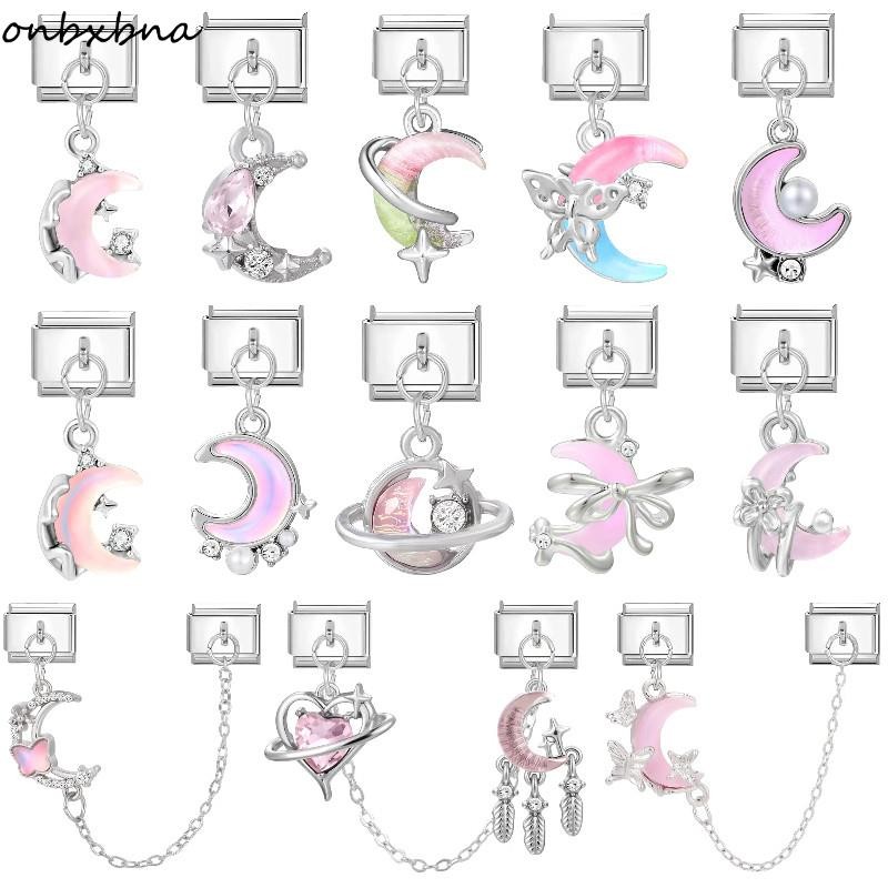 Venda Quente Rosa Lua Pingente Italiano Charme Pulseira Caber 9mm De Aço Inoxidável DIY Jóias Fazendo Acessórios Retro P