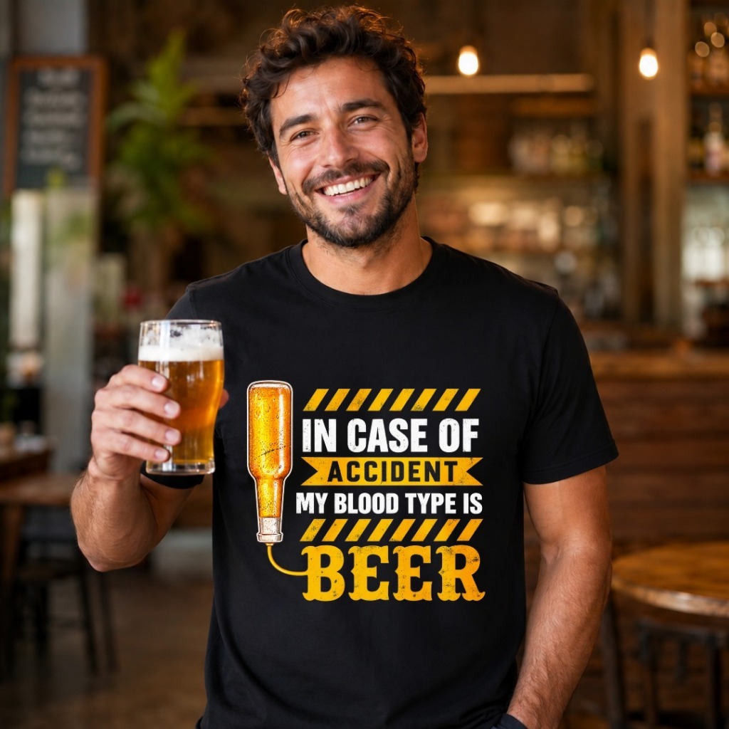 “Blood Type” Beer-Themed Short-Sleeve T-Shirt—100% Cotton, Unisex, Trendy and Fashionable Street Style