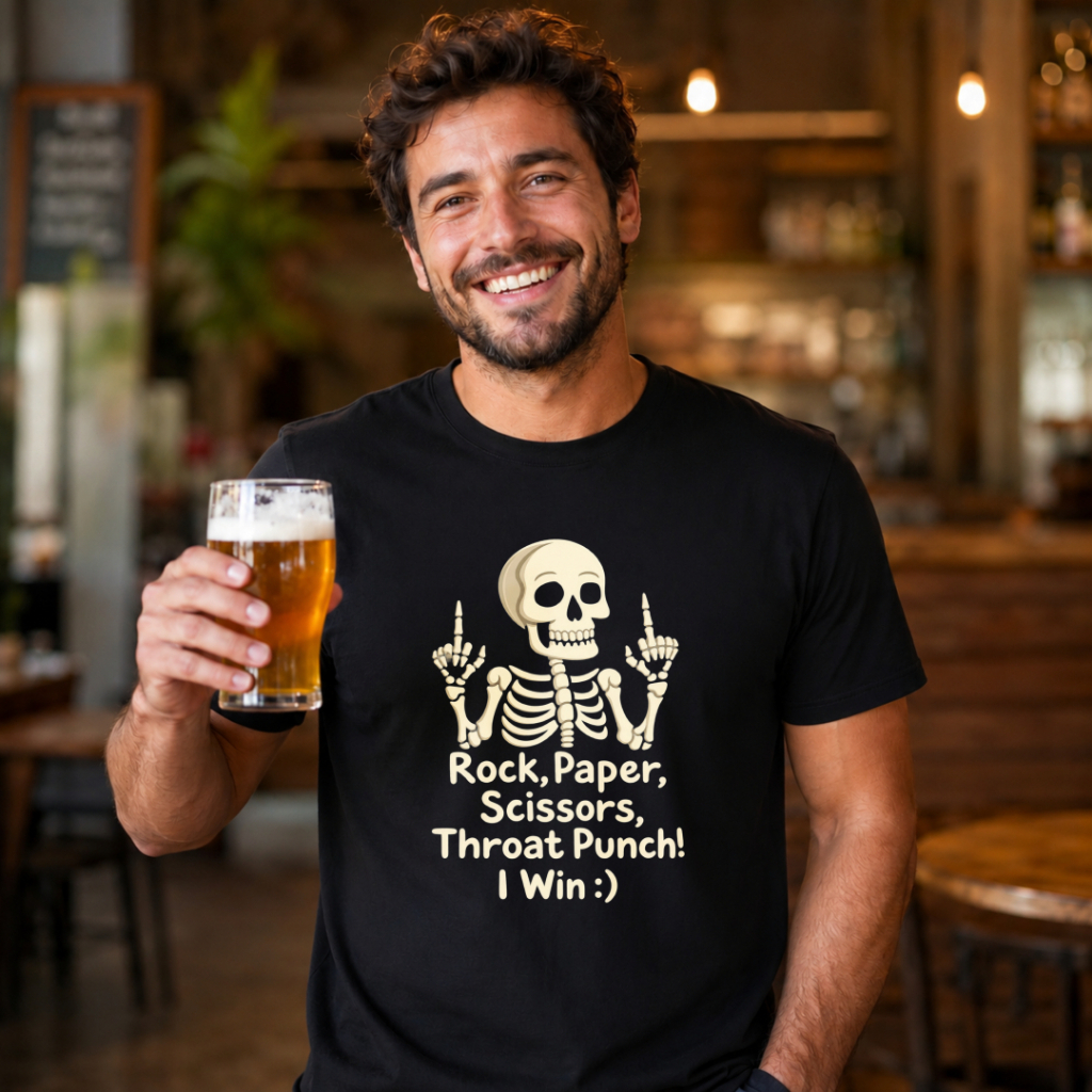 Skeleton Rock-Paper-Scissors Print Short-Sleeve T-Shirt, 100% Cotton, Unisex, Trendy and Fashionable Street Style