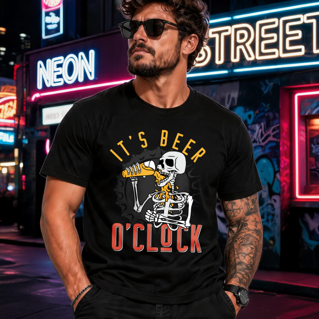 Skeleton Drinking Beer Print Short-Sleeve T-Shirt, 100% Cotton, Unisex, Trendy and Fashionable Street Style