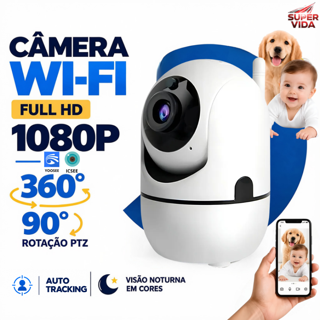 Câmera de Segurança Wi-Fi Babá Eletrônica 1080P 360° YOOSEE/ICSEE Áudio Bidirecional Alerta de Movimento