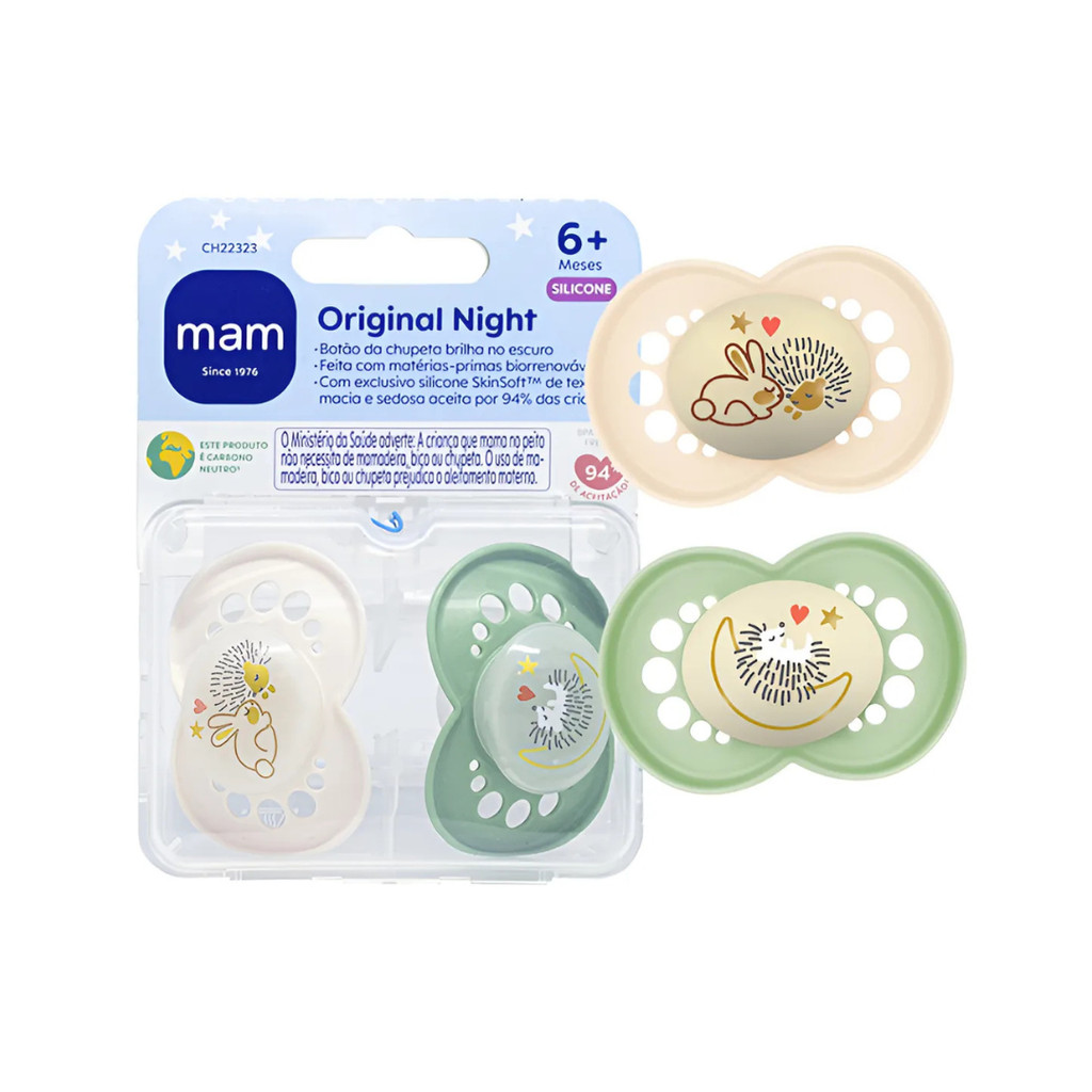 Kit 2 Chupetas MAM Original Night 6m+ – Brilha no Escuro Silicone