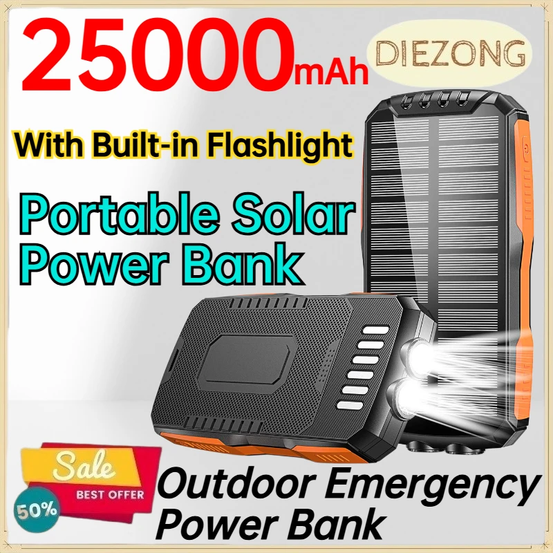 25000mAh Portable Solar Power Bank for IPhone Android Phone Outdoor Emergency Power Bank with Built‑in Flashlight