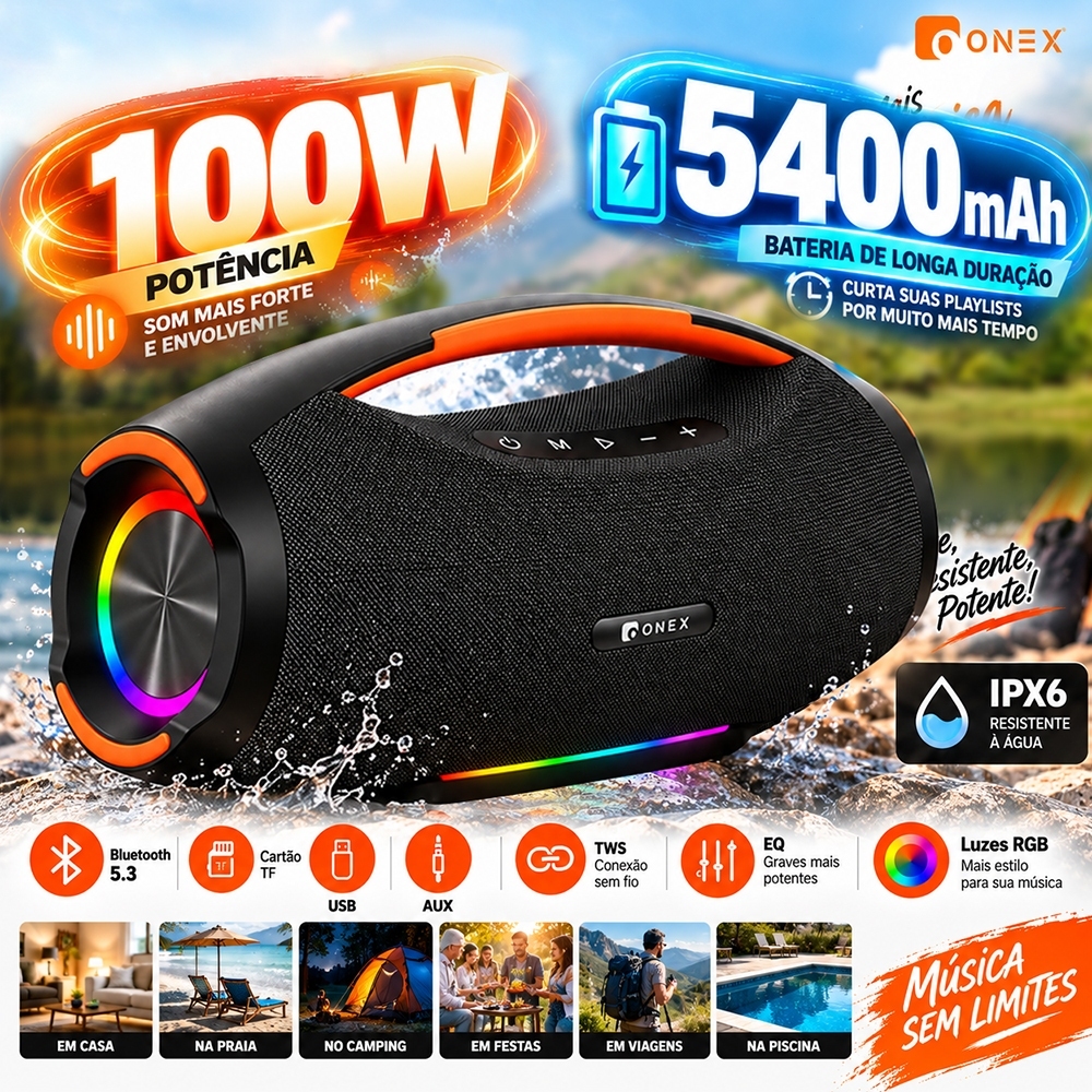 ONEX-100W Powerful IPX6 5400mAH TWS RGB Stereo Bluetooth Speaker with Deep Strong Bass, Long Battery Life, Hi-Fi, Outdoo