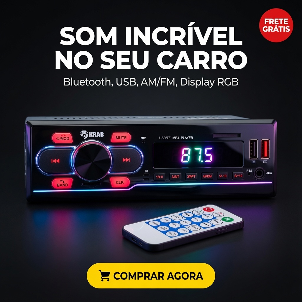 Rádio Automotivo Bluetooth Incrível 30W USB Display RGB Moderno