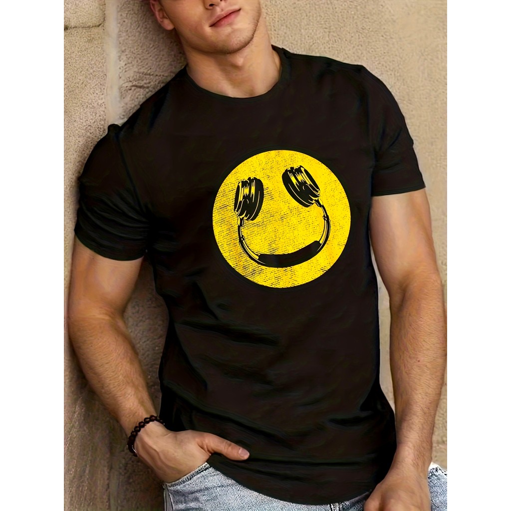 Camiseta Masculina Humorous Retro Smiling Face Headphones 90S Music Gift Confortável Divertida Estilosa Verão