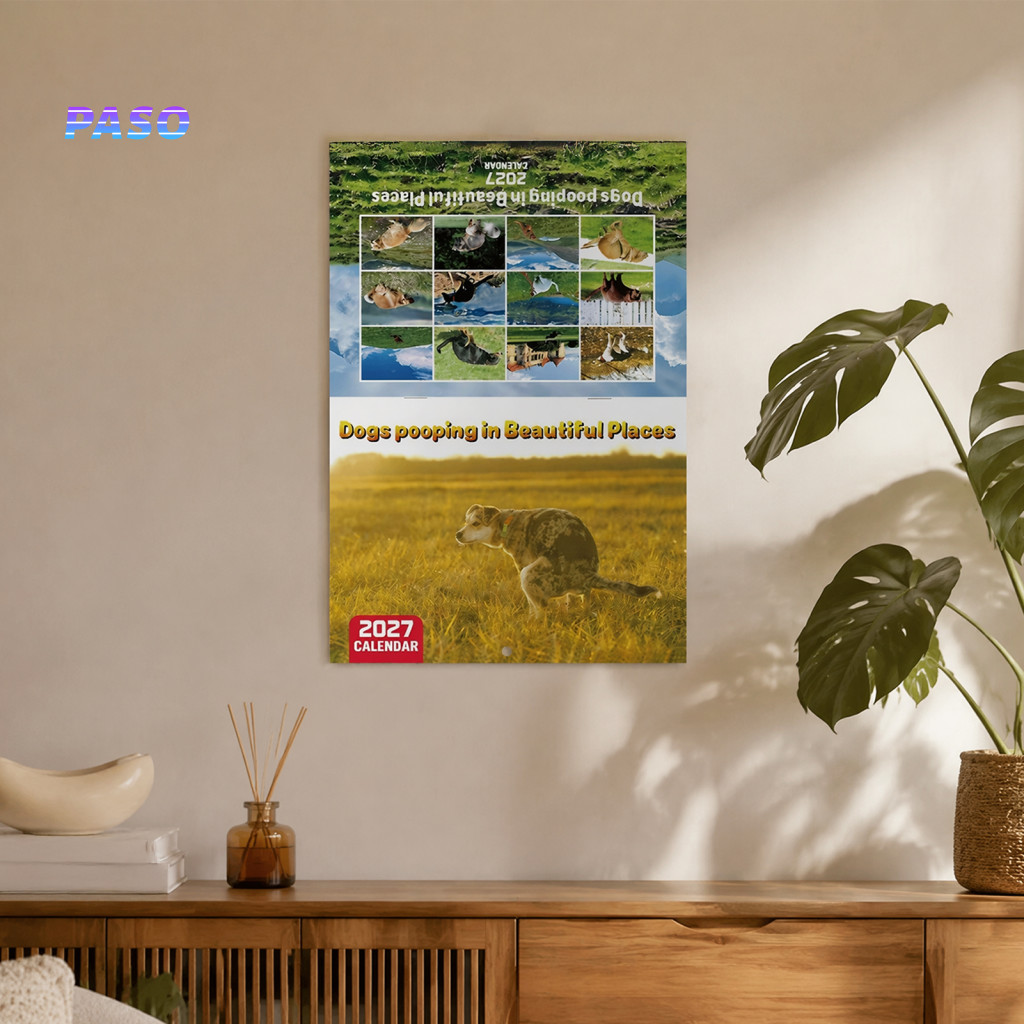2027 Wall Calendar Funny Dog Gag Gift Dogs Pooping Beautiful Places 12-month for Lovers Coworkers Friends Humorous Pet
