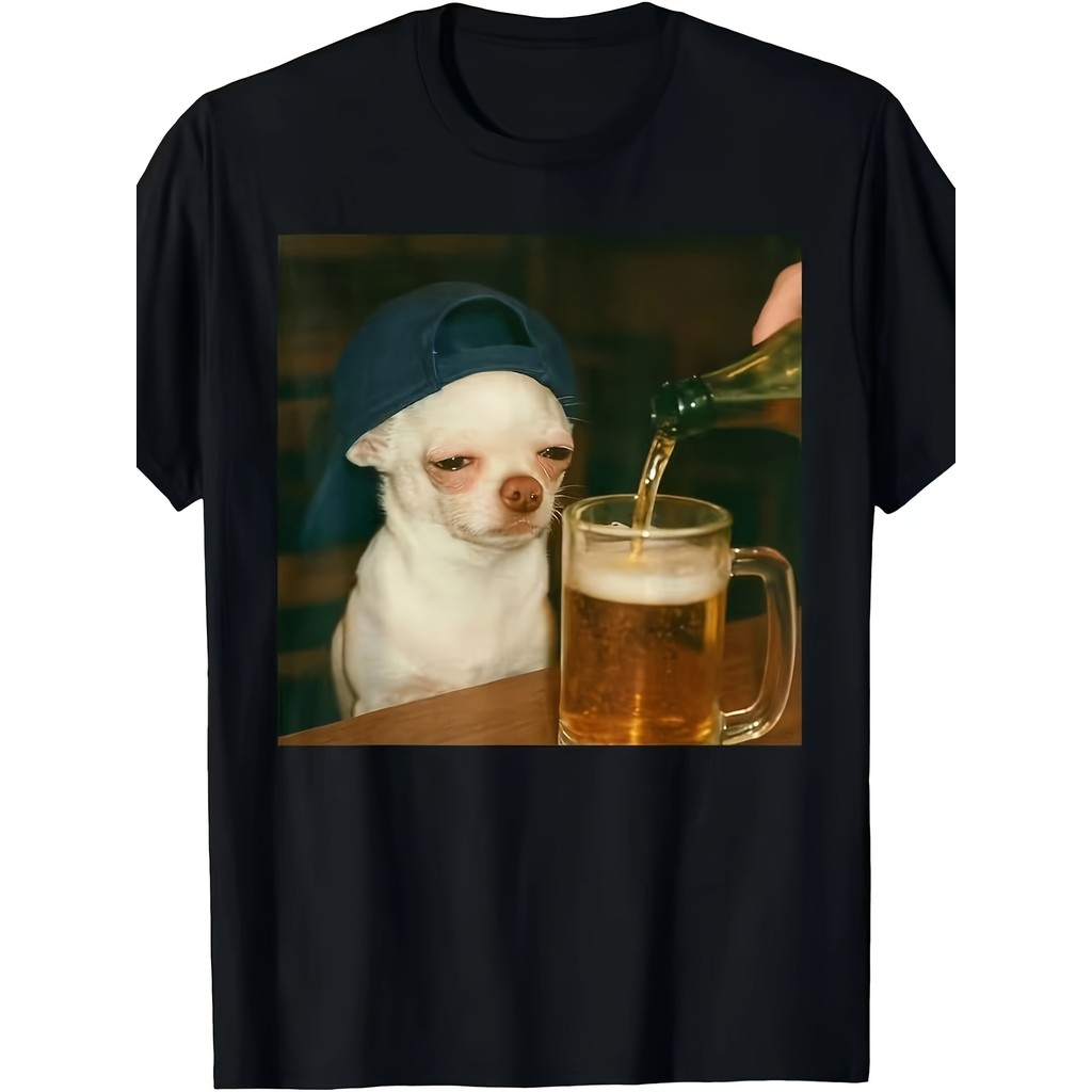 Camiseta 100% Algodão - Camiseta Humorous Chihuahua Beer Reaction