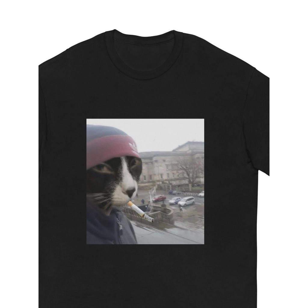 Camiseta Humorous Cat Fumando Meme - Manga Curta Casual De Algodão, Impressão Gráfica Engraçada