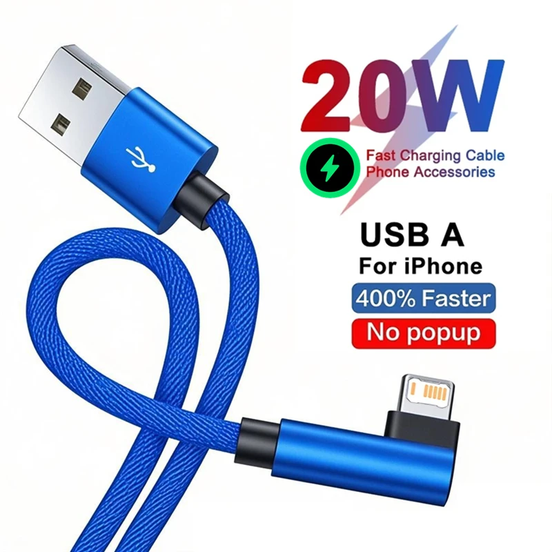 90 Degree Elbow Fast Charging Cable for iPhone 11 12 mini 13 Pro 14 Plus XS Max X XR 6 6S 7 8 Plus SE Gaming USB Charger Cables