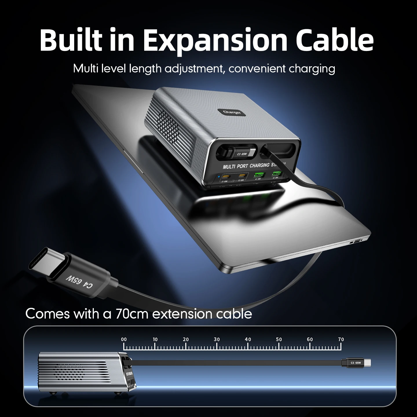 New 6-Ports GaN Fast Charging Station 4C2A With 70CM Retractable Cable For Office And Gaming Desktop Fast Charger Dropshipping